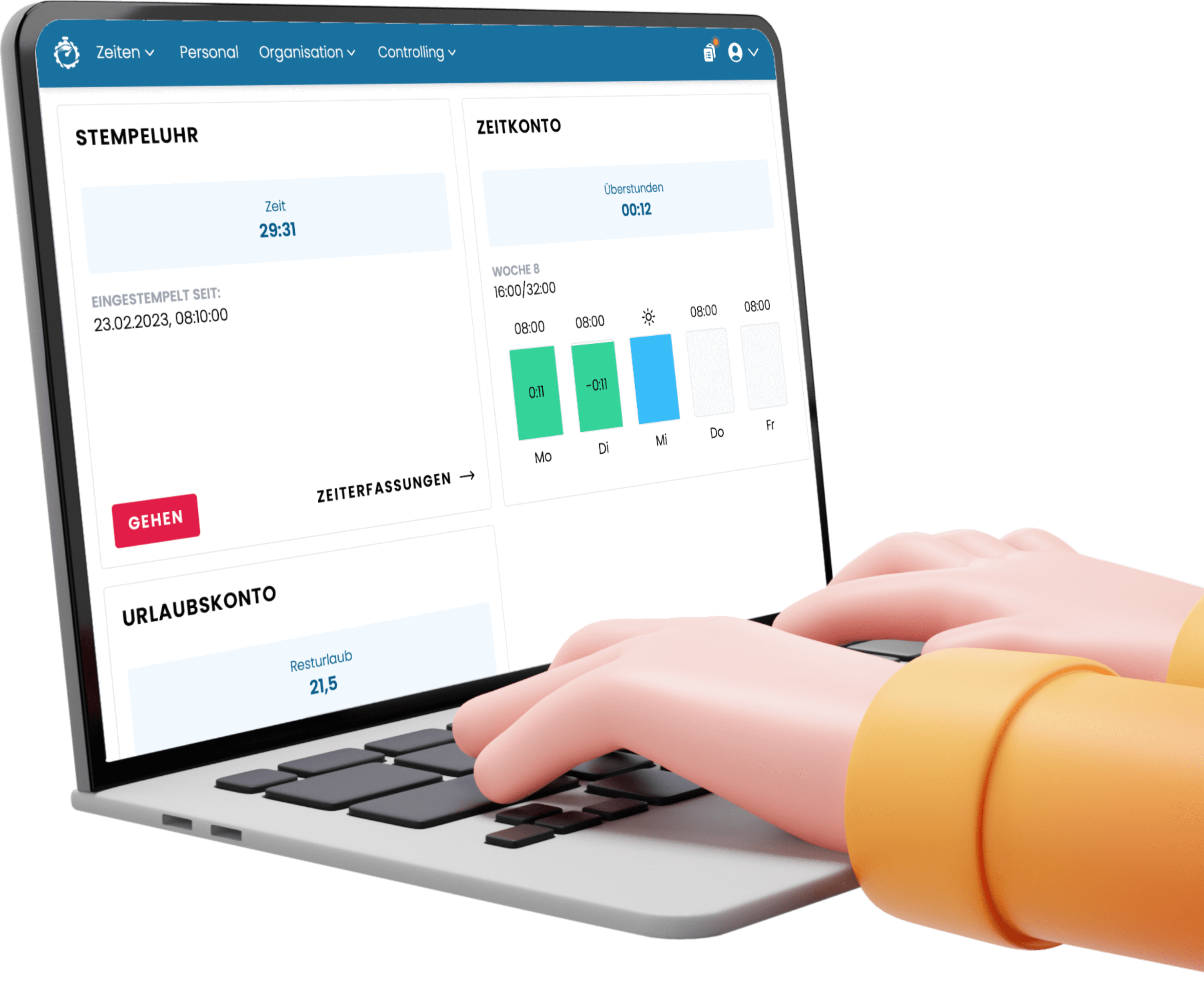 Laptop mit dem ZeitFabrik-Dashboard und der Stempeluhr